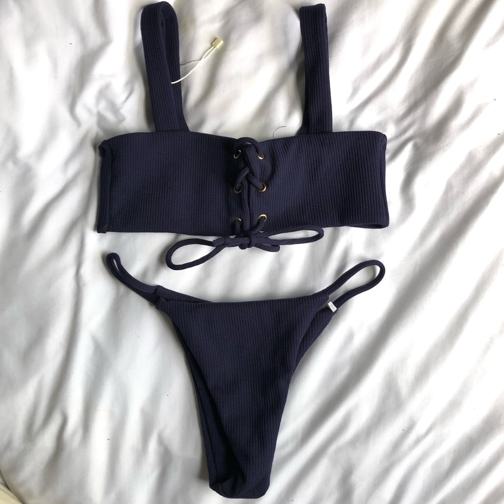 Navy Ribbed Lace Up String Bikini Set